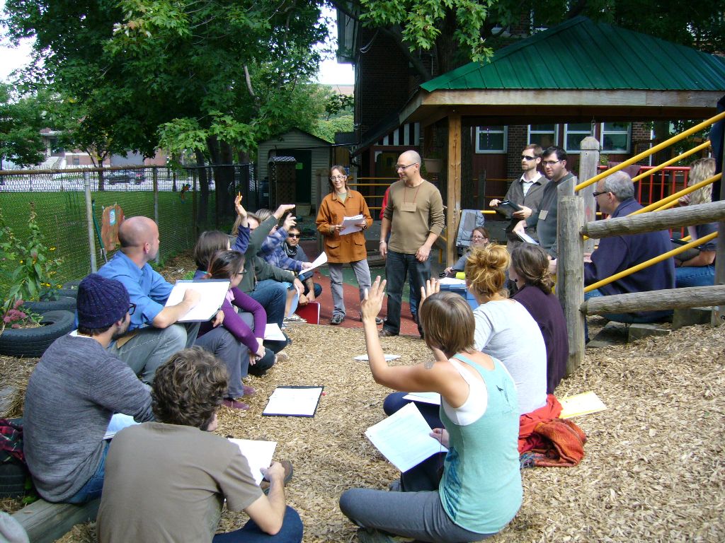 permaculture class discussion in schoolyard