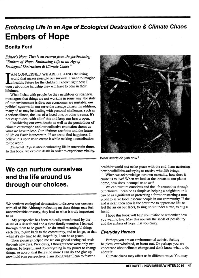 "Embers of Hope: Embracing Life in an Age of Ecological Crisis and Climate Chaos" book excerpt, by Bonita Eloise Ford. Page 1 in Permaculture Design Magazine.