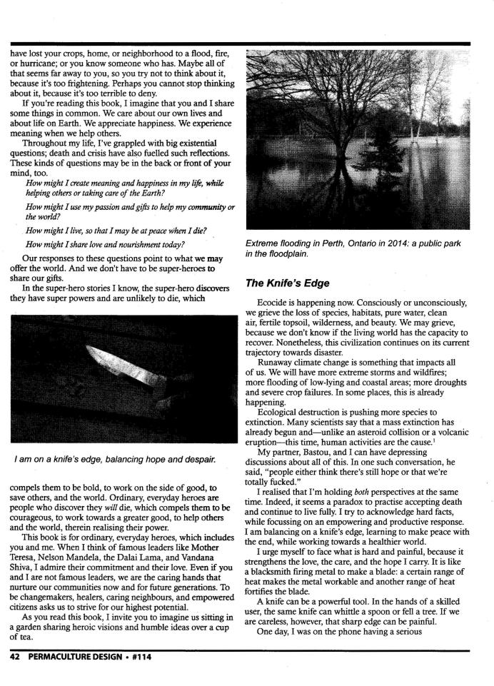 "Embers of Hope: Embracing Life in an Age of Ecological Crisis and Climate Chaos" book excerpt, by Bonita Eloise Ford. Page 2 in Permaculture Design Magazine.