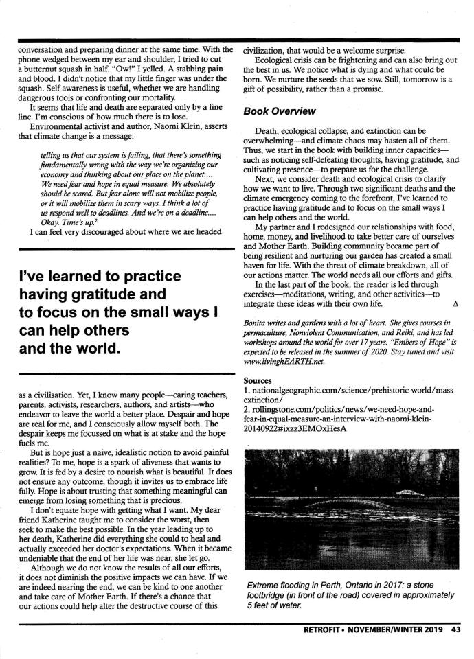 "Embers of Hope: Embracing Life in an Age of Ecological Crisis and Climate Chaos" book excerpt, by Bonita Eloise Ford. Page 3 in Permaculture Design Magazine.